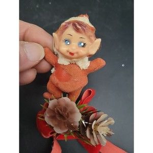 READ Vintage Flocked Felted Elf Or Pixie With Plastic Greenery Red Bow Small